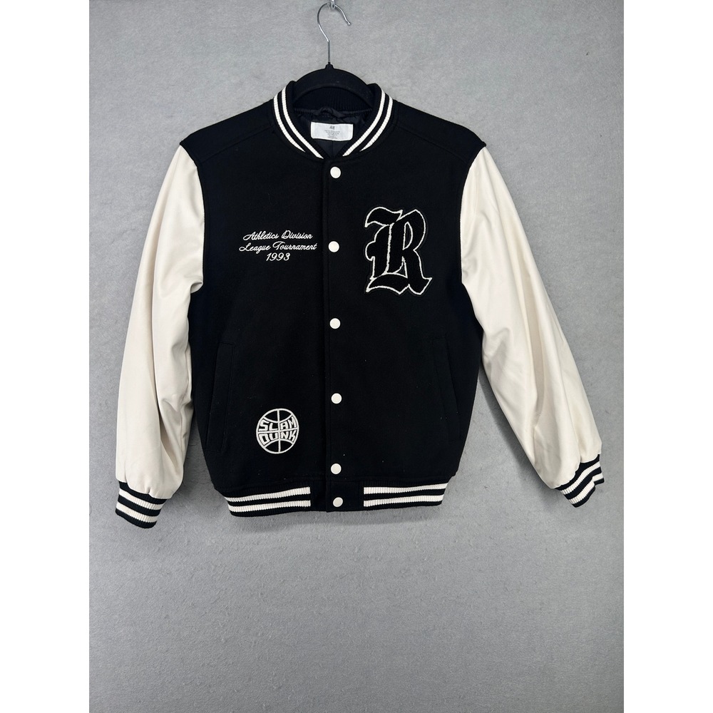 HM Boys Varsity Jacket Black Cream Slam Dunk Athletics Patch Size 12 Letterman